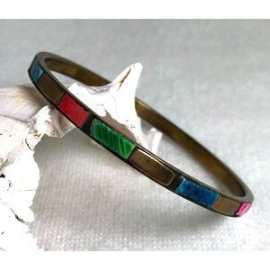 Multi Color Multi Stone Brass Toned Bangle Bracelet Pink Blue Green